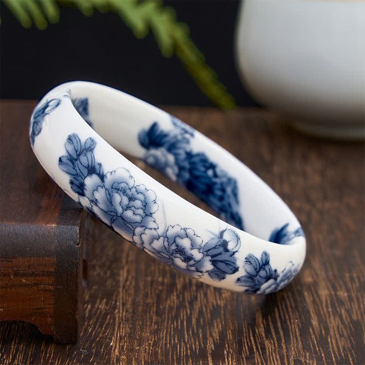 Buddha Stones Pulsera rígida de cerámica con diseño floral de peonía azul - image 7