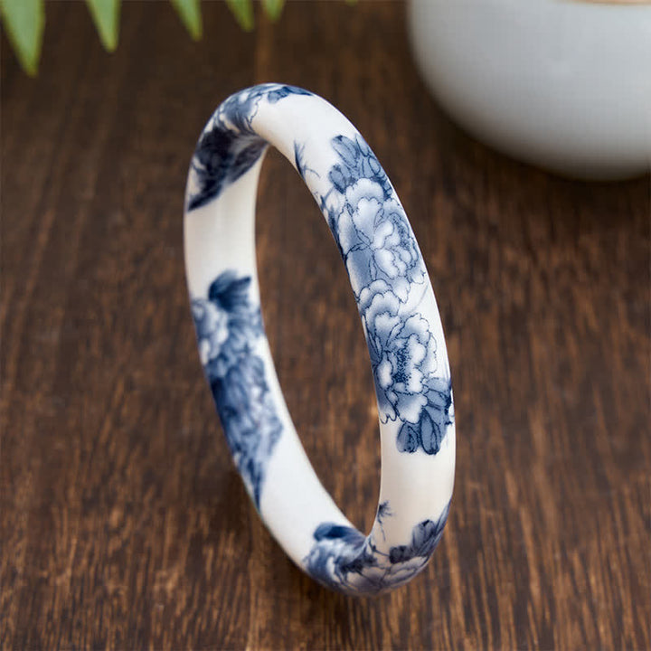 Buddha Stones Pulsera rígida de cerámica con diseño floral de peonía azul - image 2