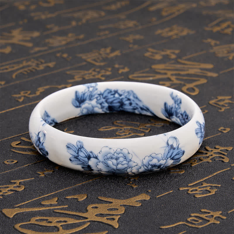 Buddha Stones Pulsera rígida de cerámica con diseño floral de peonía azul - image 9