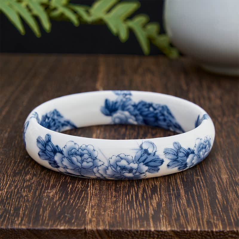 Buddha Stones Pulsera rígida de cerámica con diseño floral de peonía azul - Ancho - image 6