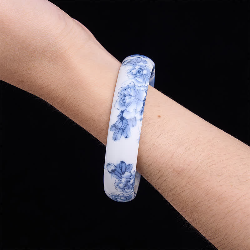 Buddha Stones Pulsera rígida de cerámica con diseño floral de peonía azul - image 10