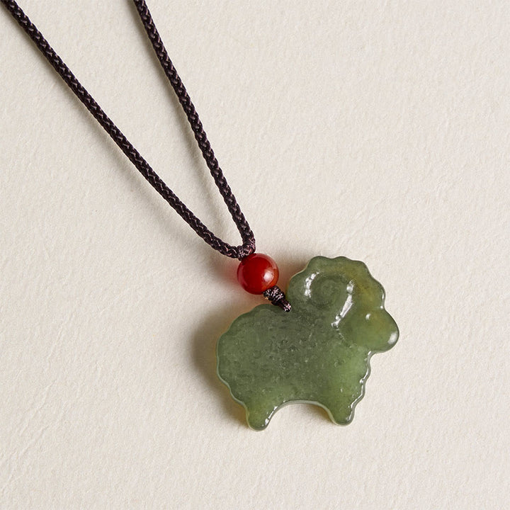 Buddha Stones Collar con colgante de cabra del zodiaco chino de jade Hetian verde - image 1