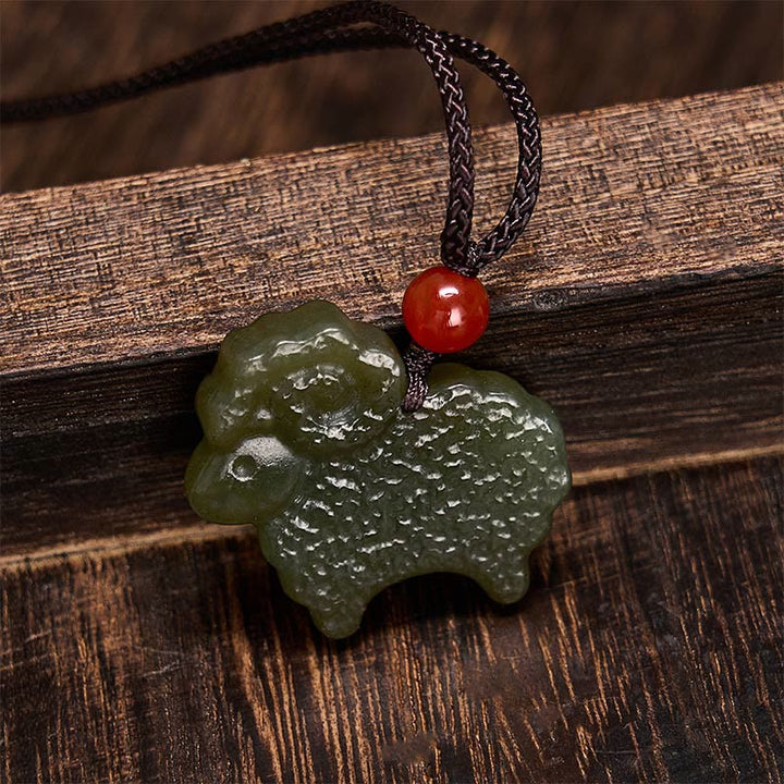 Buddha Stones Collar con colgante de cabra del zodiaco chino de jade Hetian verde - image 7