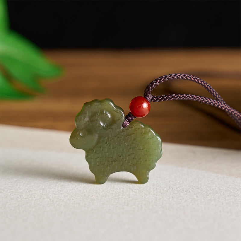 Buddha Stones Collar con colgante de cabra del zodiaco chino de jade Hetian verde - image 2