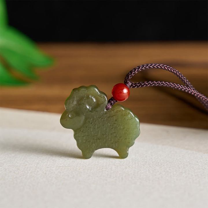 Buddha Stones Collar con colgante de cabra del zodiaco chino de jade Hetian verde - image 2