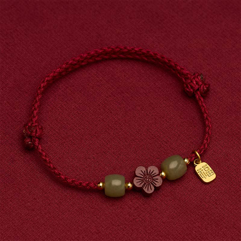 Buddha Stones Pulsera de la bendición con hilo rojo y flores del personaje de Cinnabar Fu - image 1