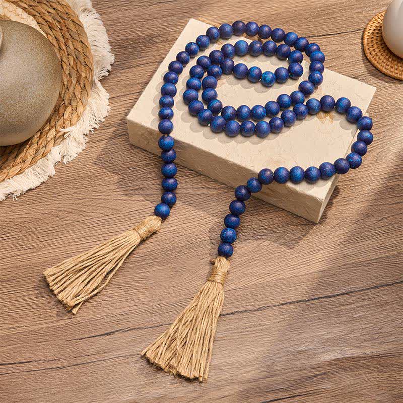 Buddha Stones Guirnalda de borlas de cuentas de madera rústica azul, decoración para un hogar consciente - image 1