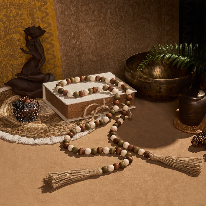 Buddha Stones Guirnalda de borlas de cuentas de madera en capas estilo granja, decoración para un hogar consciente - image 9