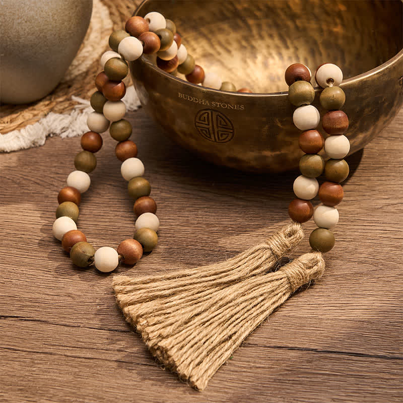 Buddha Stones Guirnalda de borlas de cuentas de madera en capas estilo granja, decoración para un hogar consciente - image 3