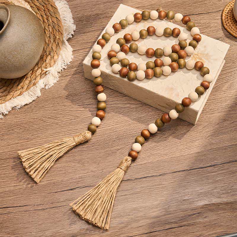 Buddha Stones Guirnalda de borlas de cuentas de madera en capas estilo granja, decoración para un hogar consciente - image 10