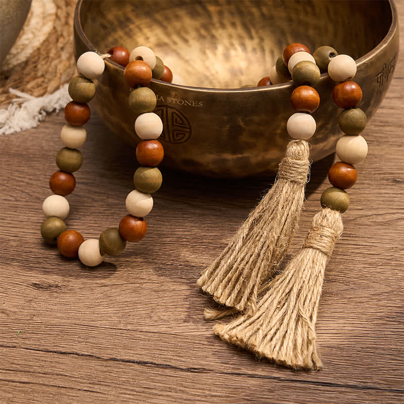 Buddha Stones Guirnalda de borlas de cuentas de madera en capas estilo granja, decoración para un hogar consciente - image 11