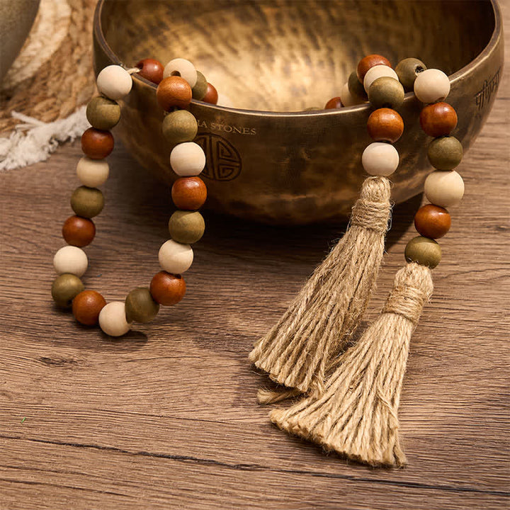 Buddha Stones Guirnalda de borlas de cuentas de madera en capas estilo granja, decoración para un hogar consciente - image 11