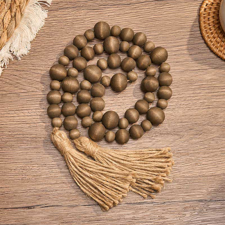 Buddha Stones Adorno colgante rústico de madera con doble borla y cuentas para un estilo de vida consciente. - BurlyWood - image 0