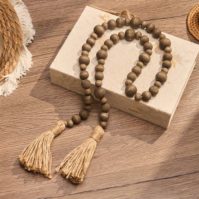 Buddha Stones Adorno colgante rústico de madera con doble borla y cuentas para un estilo de vida consciente. - image 1