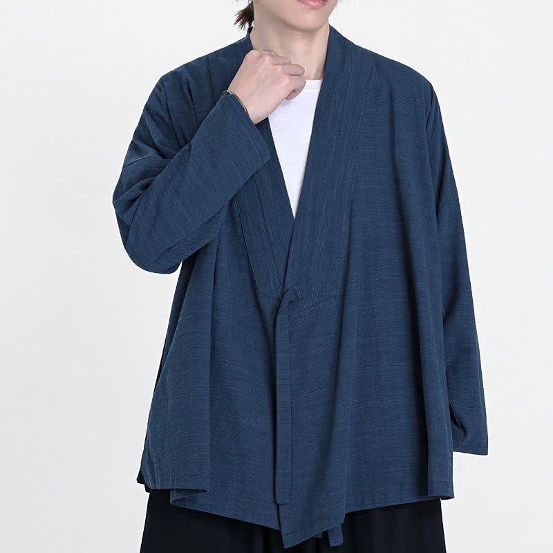 Buddha Stones Kimono de hombre liso con cordón ajustable, estilo Tang minimalista, ideal para primavera y otoño. - Azul medianoche - US/UK/AU46, EU56 (5XL) - image 0