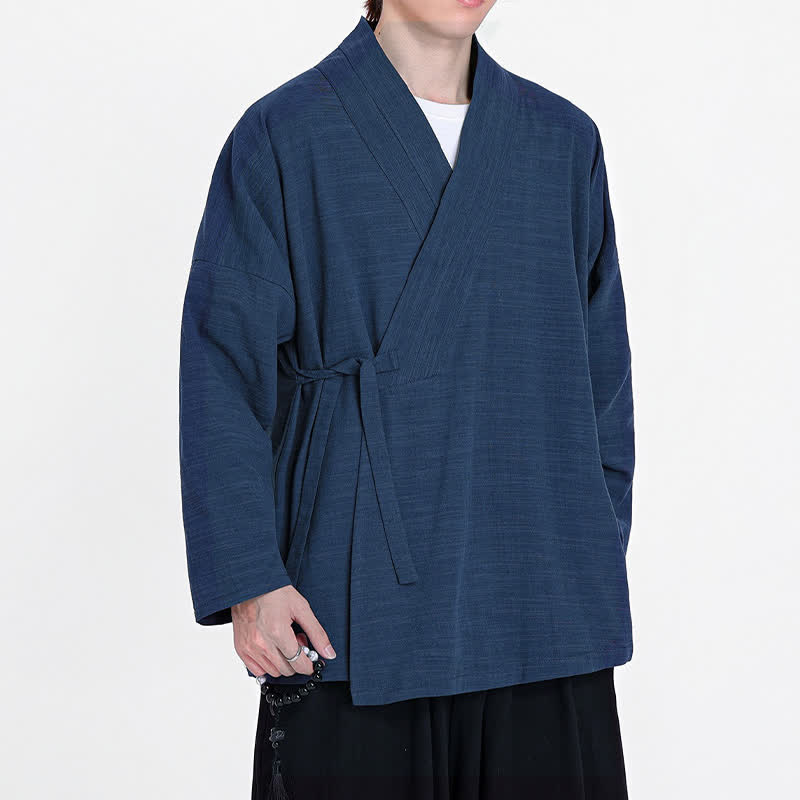 Buddha Stones Kimono de hombre liso con cordón ajustable, estilo Tang minimalista, ideal para primavera y otoño. - image 1