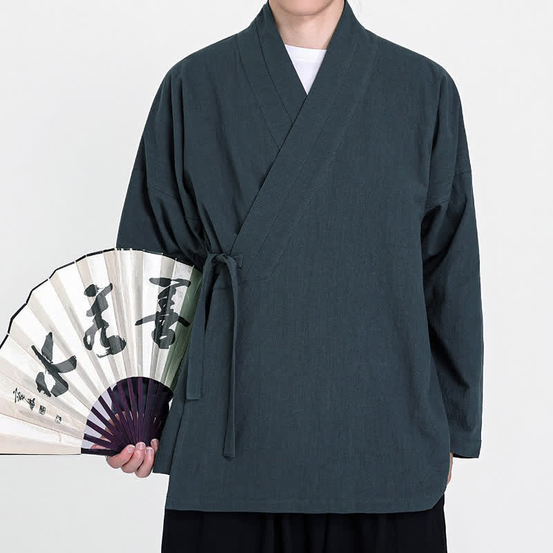 Buddha Stones Kimono minimalista de hombre con cordón ajustable, estilo Tang, para primavera y otoño. - image 1