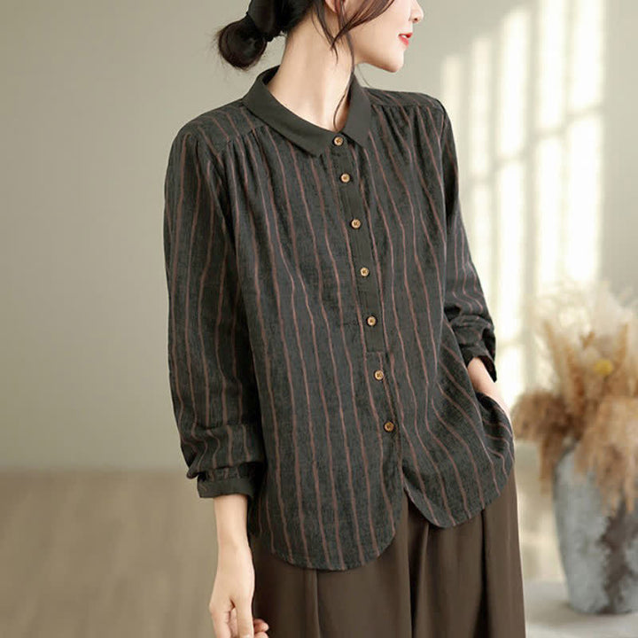 Buddha Stones Camisas de manga larga a rayas con botones, estilo vintage informal de otoño para mujer. - image 14