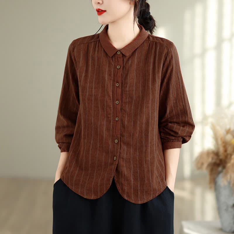 Buddha Stones Camisas de manga larga a rayas con botones, estilo vintage informal de otoño para mujer. - image 1