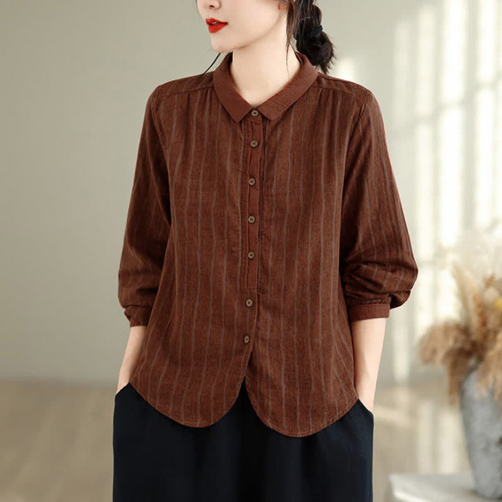 Buddha Stones Camisas de manga larga a rayas con botones, estilo vintage informal de otoño para mujer. - image 1