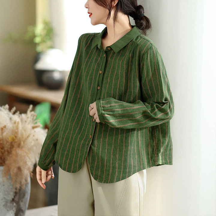 Buddha Stones Camisas de manga larga a rayas con botones, estilo vintage informal de otoño para mujer. - image 10