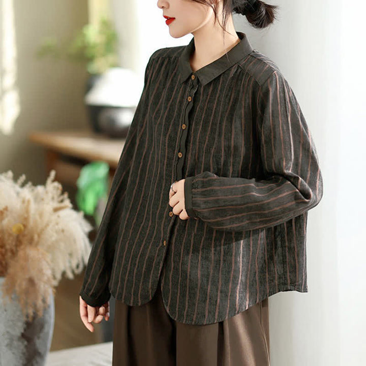 Buddha Stones Camisas de manga larga a rayas con botones, estilo vintage informal de otoño para mujer. - image 16