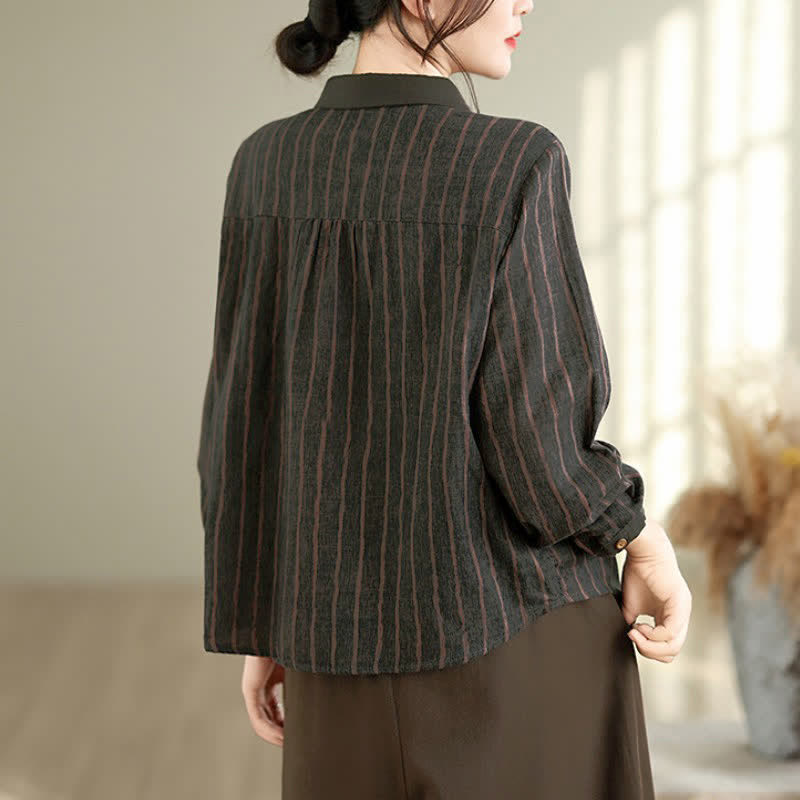 Buddha Stones Camisas de manga larga a rayas con botones, estilo vintage informal de otoño para mujer. - image 17