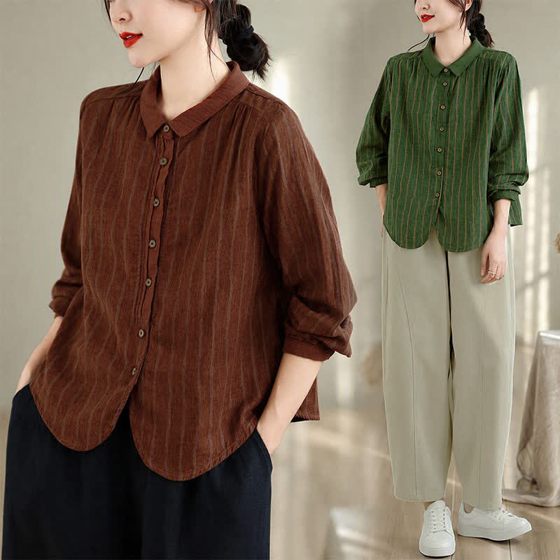 Buddha Stones Camisas de manga larga a rayas con botones, estilo vintage informal de otoño para mujer. - image 19