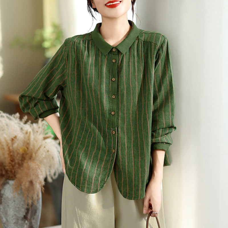 Buddha Stones Camisas de manga larga a rayas con botones, estilo vintage informal de otoño para mujer. - image 11