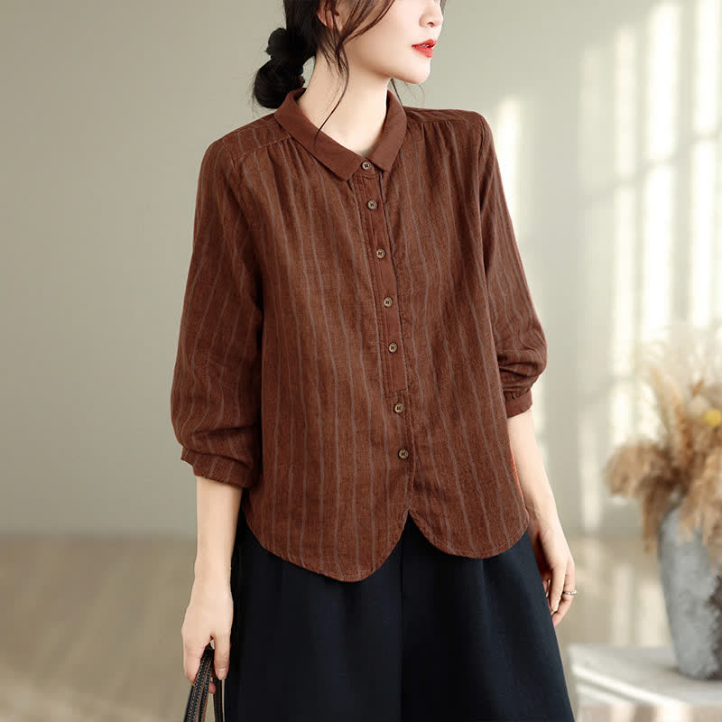 Buddha Stones Camisas de manga larga a rayas con botones, estilo vintage informal de otoño para mujer. - image 2