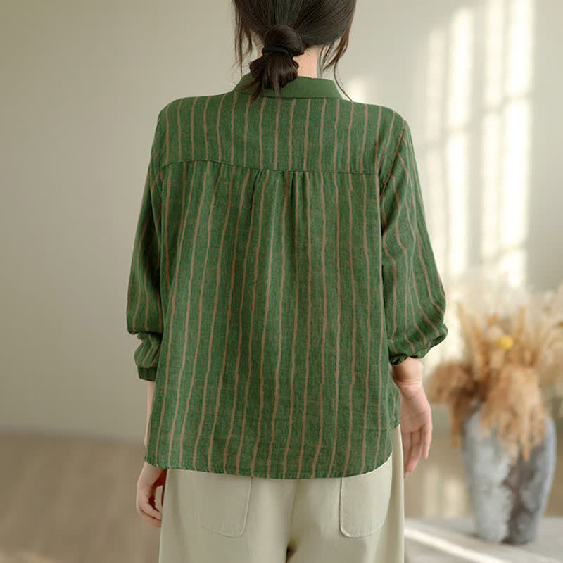 Buddha Stones Camisas de manga larga a rayas con botones, estilo vintage informal de otoño para mujer. - image 12