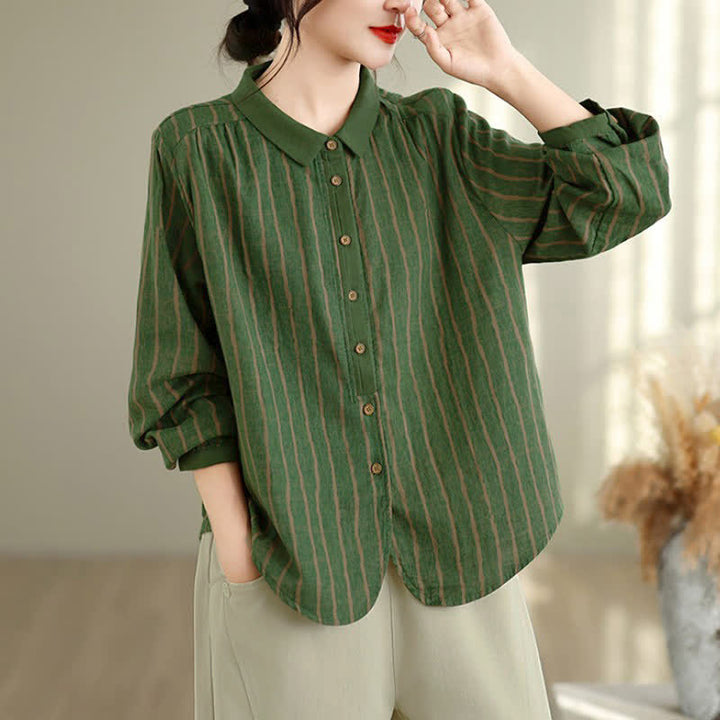 Buddha Stones Camisas de manga larga a rayas con botones, estilo vintage informal de otoño para mujer. - image 9