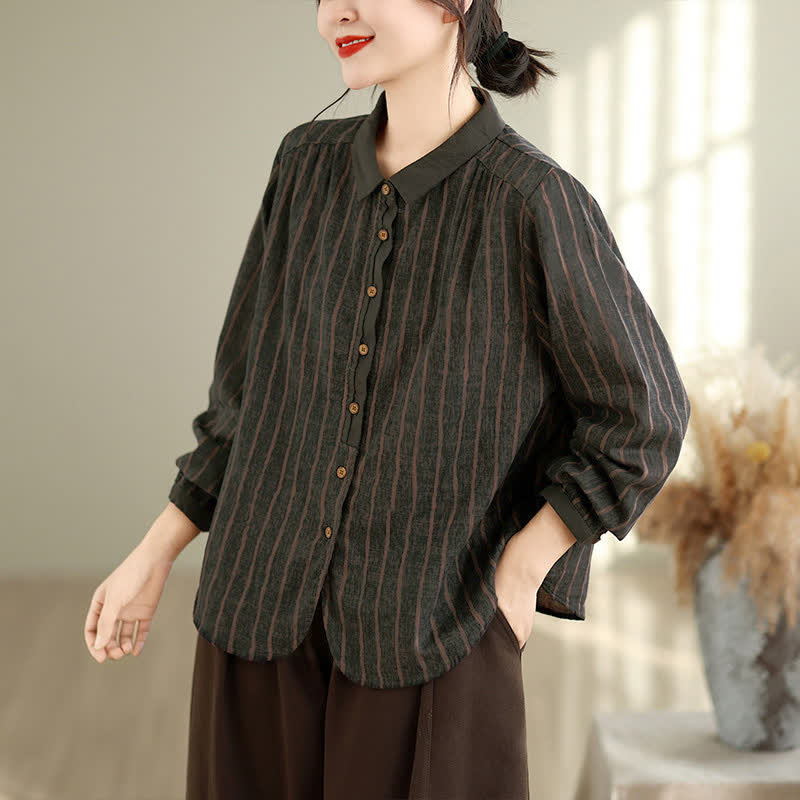 Buddha Stones Camisas de manga larga a rayas con botones, estilo vintage informal de otoño para mujer. - Gris oscuro - US12, UK/AU16, EU44 (3XL) - image 13