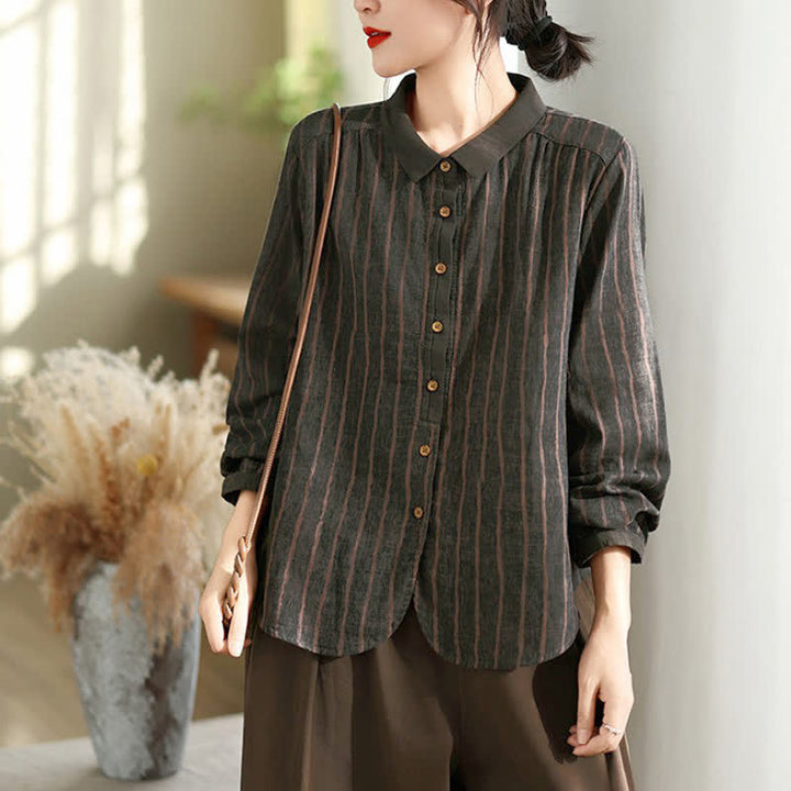 Buddha Stones Camisas de manga larga a rayas con botones, estilo vintage informal de otoño para mujer. - image 18