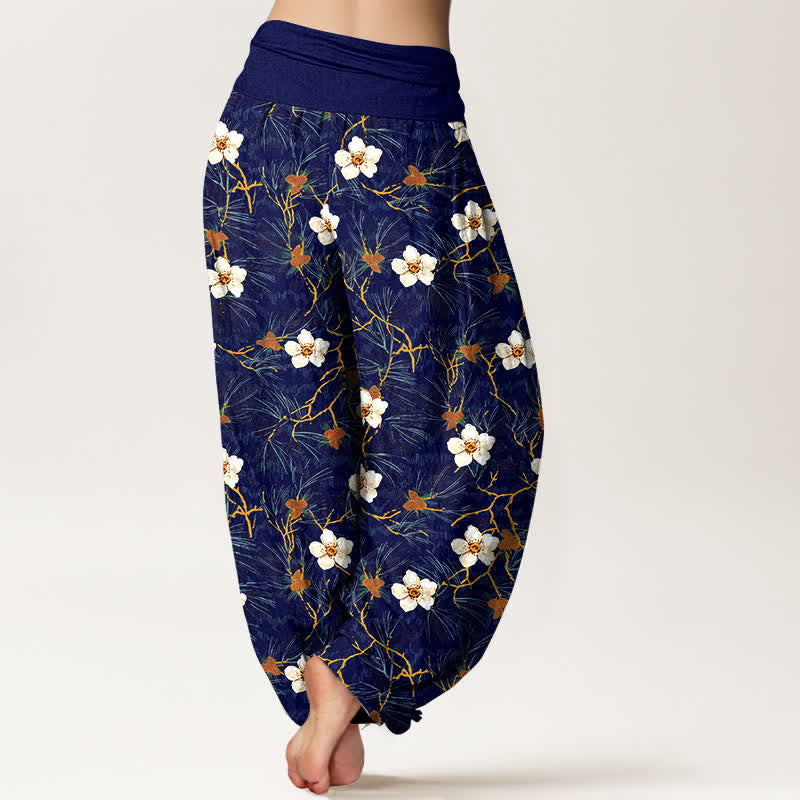Buddha Stones Pantalones harem de mujer con cintura elástica y estampado floral en algodón blanco. - image 7