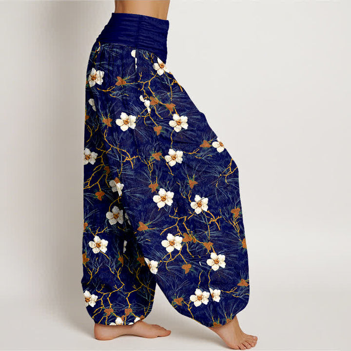 Buddha Stones Pantalones harem de mujer con cintura elástica y estampado floral en algodón blanco. - image 6