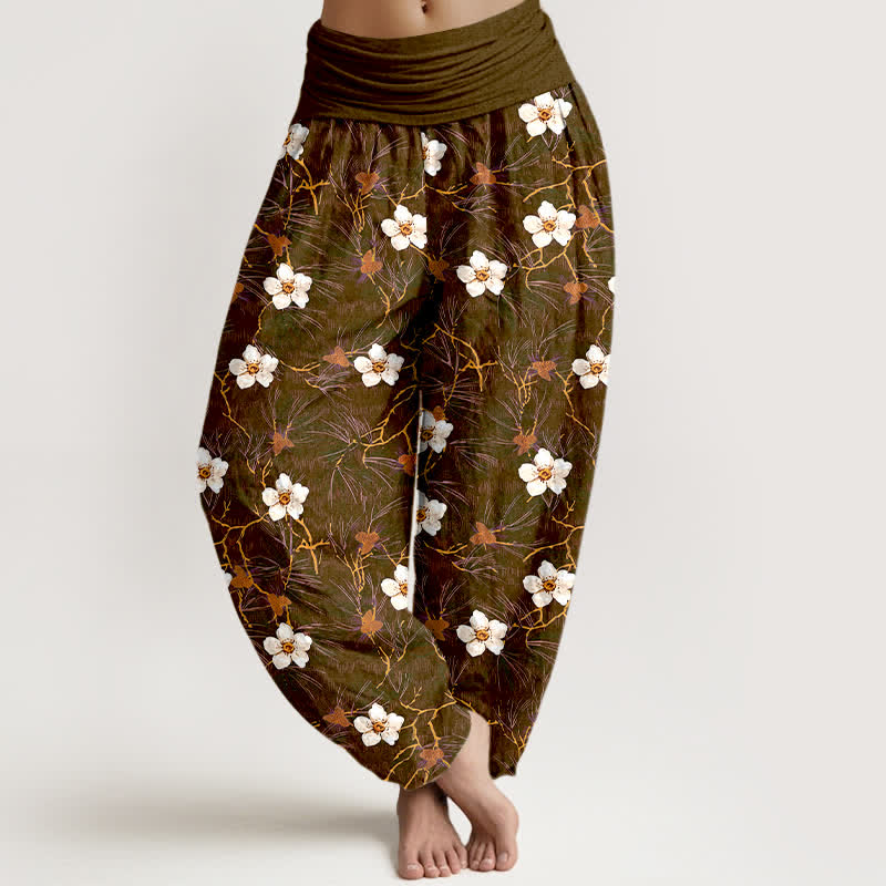 Buddha Stones Pantalones harem de mujer con cintura elástica y estampado floral en algodón blanco. - Marrón silla de montar - US16，UK/AU20，EU48 (3XL) - image 8