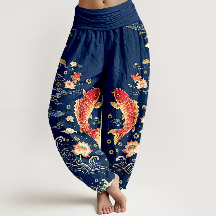 Buddha Stones Pantalones harem de algodón con estampado de loto koi y auspicioso para mujer, con cintura elástica. - Marina de guerra - US16，UK/AU20，EU48 (3XL) - image 0