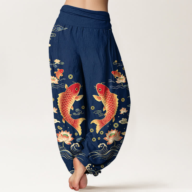 Buddha Stones Pantalones harem de algodón con estampado de loto koi y auspicioso para mujer, con cintura elástica. - image 2