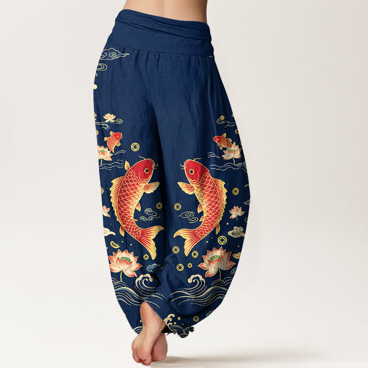 Buddha Stones Pantalones harem de algodón con estampado de loto koi y auspicioso para mujer, con cintura elástica. - image 2