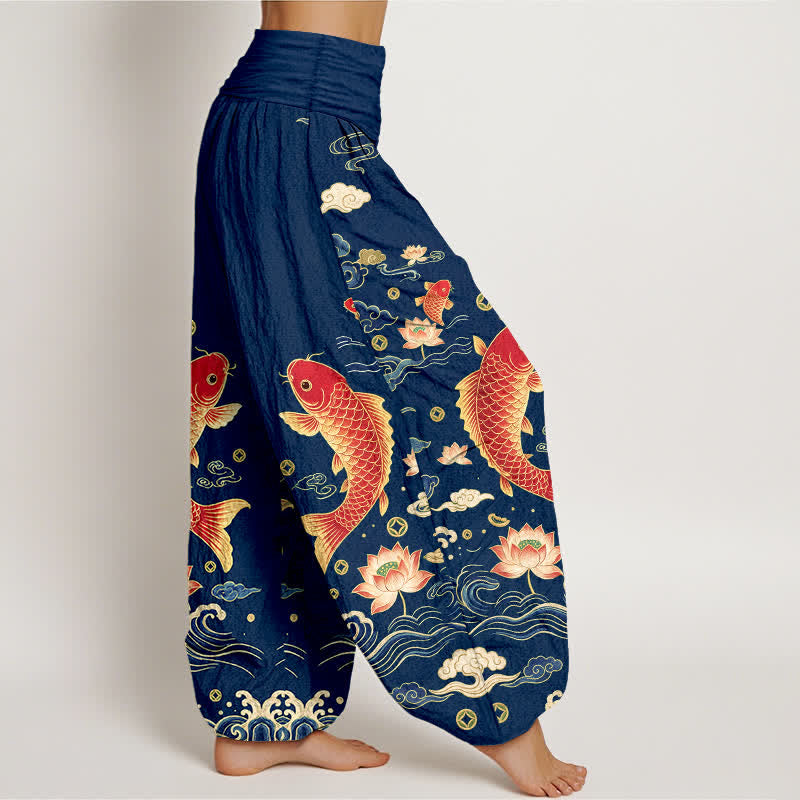Buddha Stones Pantalones harem de algodón con estampado de loto koi y auspicioso para mujer, con cintura elástica. - image 1