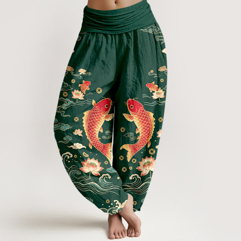 Buddha Stones Pantalones harem de algodón con estampado de loto koi y auspicioso para mujer, con cintura elástica. - Verde bosque - US16，UK/AU20，EU48 (3XL) - image 5