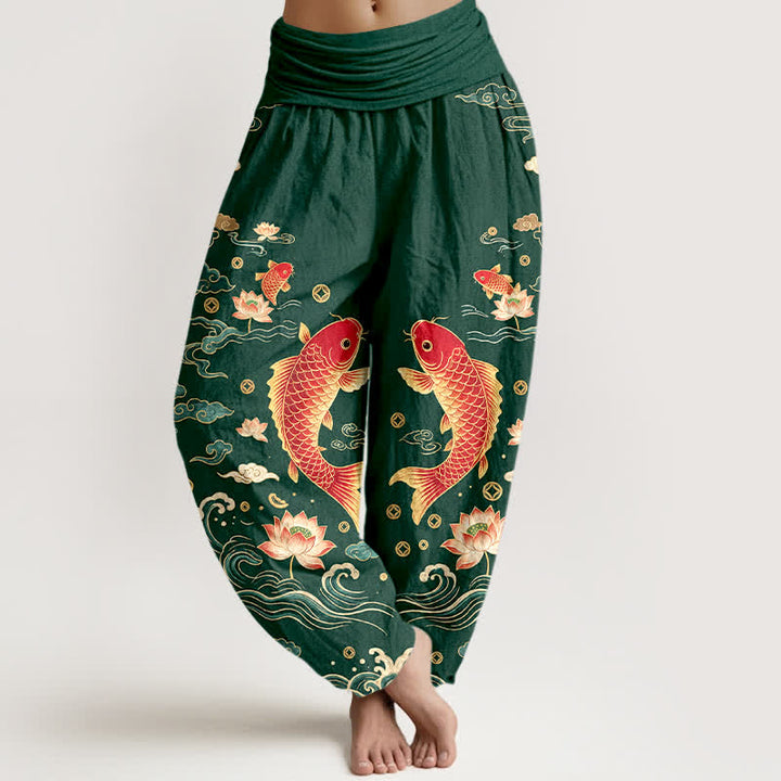 Buddha Stones Pantalones harem de algodón con estampado de loto koi y auspicioso para mujer, con cintura elástica. - Verde bosque - US16，UK/AU20，EU48 (3XL) - image 5