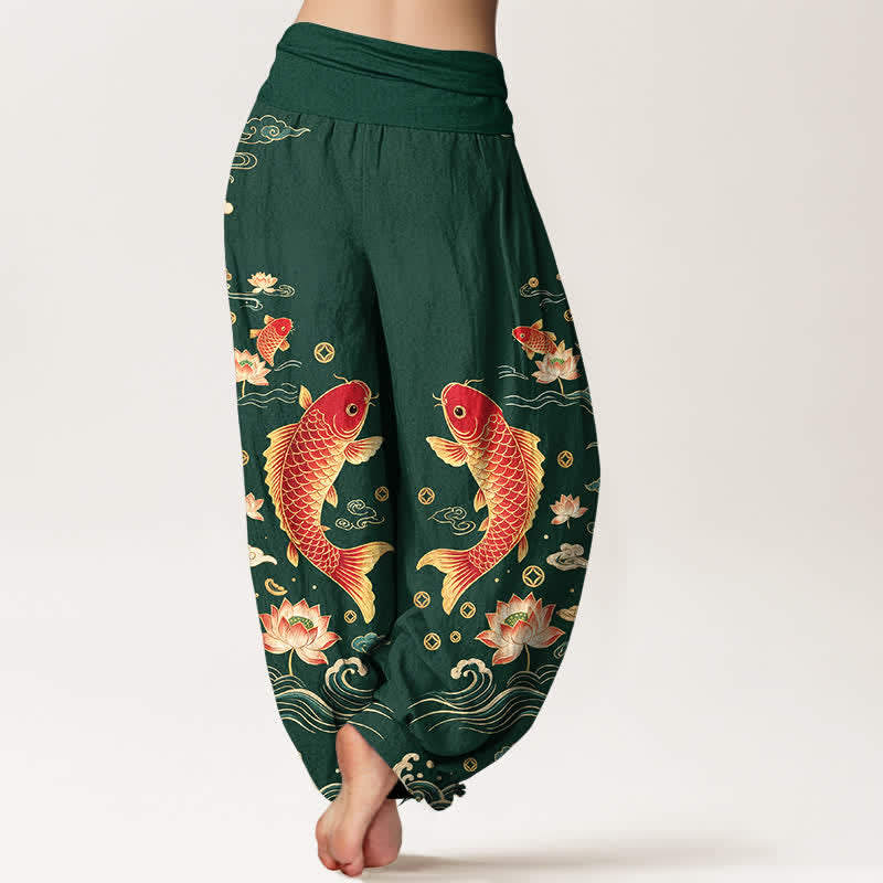 Buddha Stones Pantalones harem de algodón con estampado de loto koi y auspicioso para mujer, con cintura elástica. - image 7