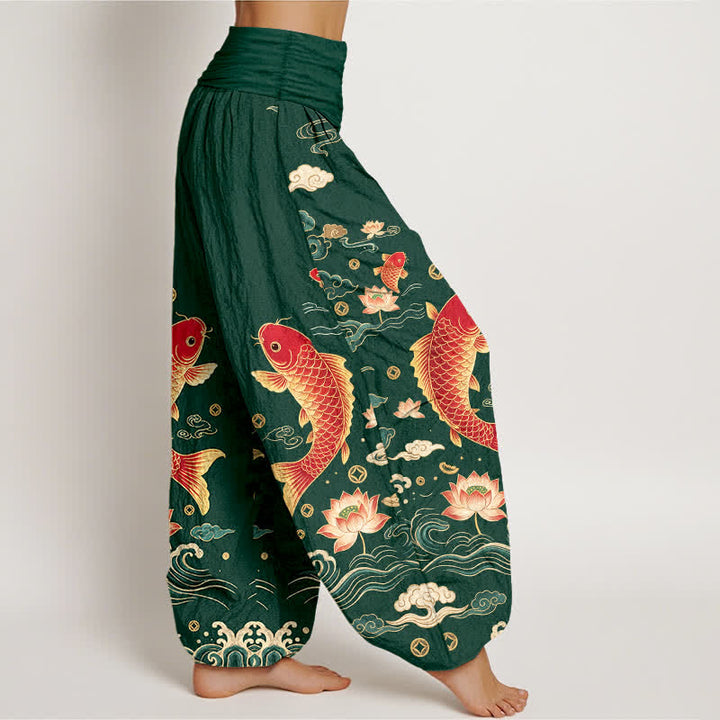 Buddha Stones Pantalones harem de algodón con estampado de loto koi y auspicioso para mujer, con cintura elástica. - image 6