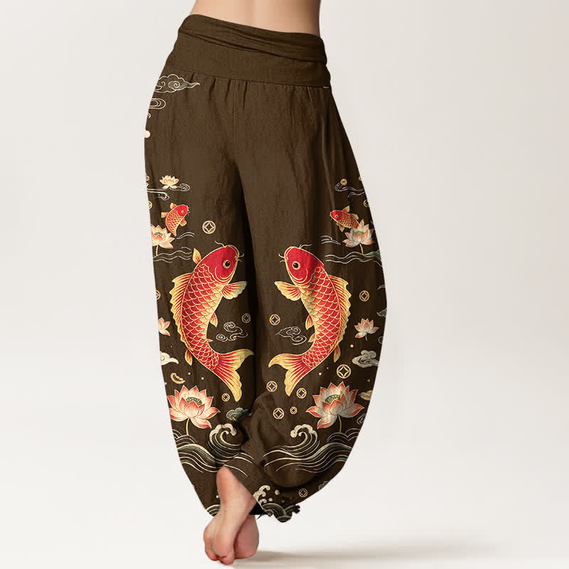 Buddha Stones Pantalones harem de algodón con estampado de loto koi y auspicioso para mujer, con cintura elástica. - image 10