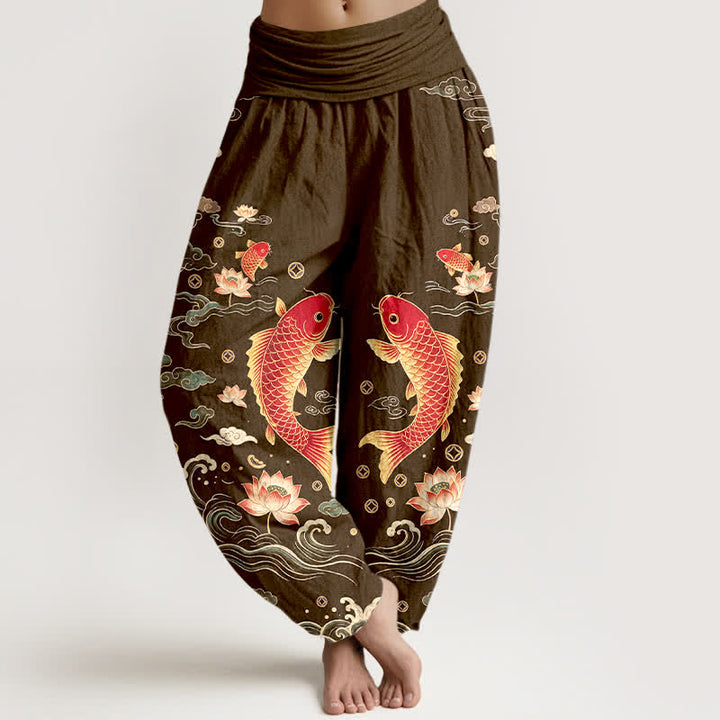 Buddha Stones Pantalones harem de algodón con estampado de loto koi y auspicioso para mujer, con cintura elástica. - Marrón silla de montar - US16，UK/AU20，EU48 (3XL) - image 8