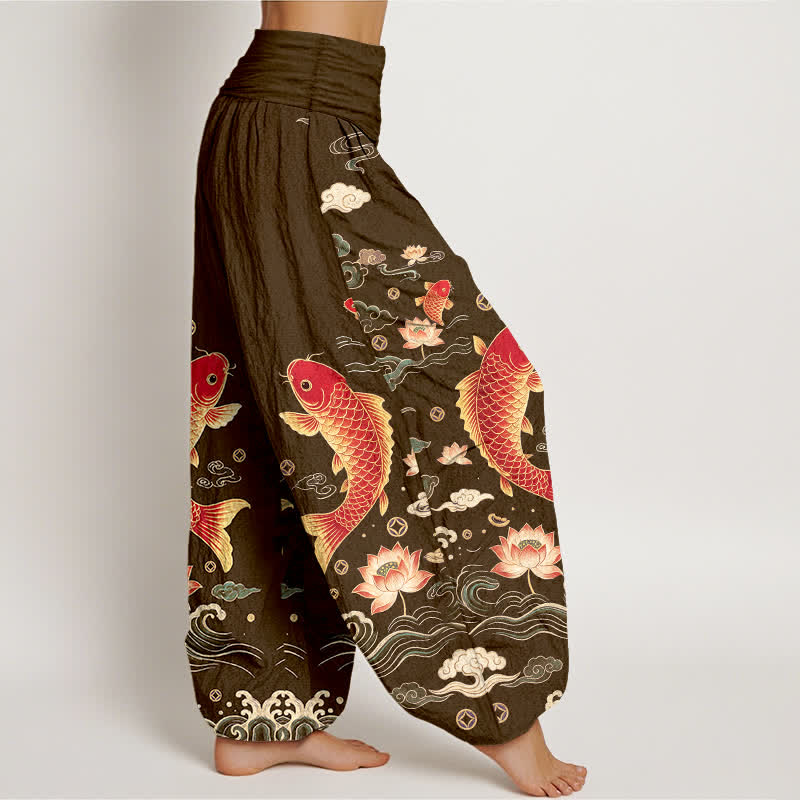 Buddha Stones Pantalones harem de algodón con estampado de loto koi y auspicioso para mujer, con cintura elástica. - image 9