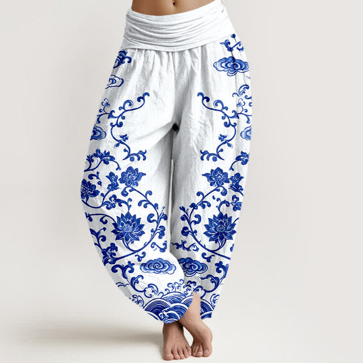 Buddha Stones Pantalones harem de algodón con estampado de volutas de loto para mujer con cintura elástica. - Blanco - US16，UK/AU20，EU48 (3XL) - image 0