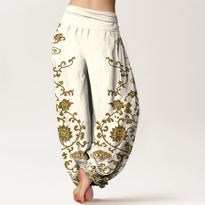 Buddha Stones Pantalones harem de algodón con estampado de volutas de loto para mujer con cintura elástica. - image 7